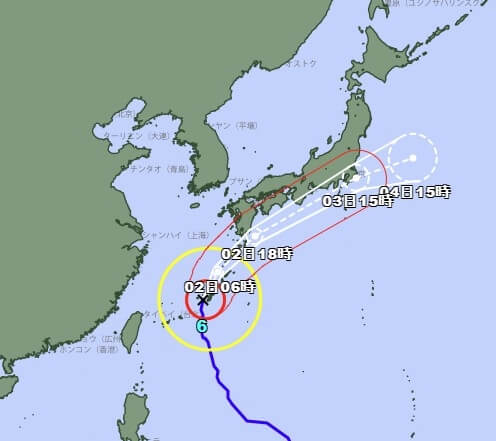 日本氣象廳1日晚間6時發布颱風薔蜜路徑潛勢預報。(圖取自日本氣象廳網頁data.jma.go.jp)
