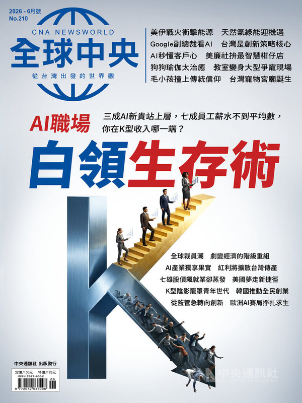 《全球中央》雜誌6月號封面故事〈AI白領生存戰〉透過全球在地記者的第一線觀察，揭示在亮眼經濟數據的背後，日益分化的「K型經濟」對職場與社會的影響。中央社　115年6月1日