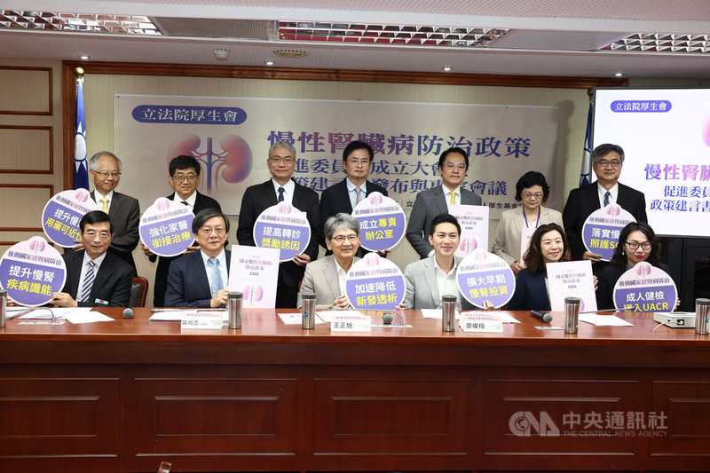 立法院厚生會3日舉行「慢性腎臟病防治政策促進委員會成立大會暨政策建言書發布與專家會議」,副會長王正旭(前左3)、秘書長廖偉翔(前右3)、衛福部次長林靜儀(前右2)等人一同參與,眾人在會前合影。中央社記者王騰毅攝 115年6月3日
