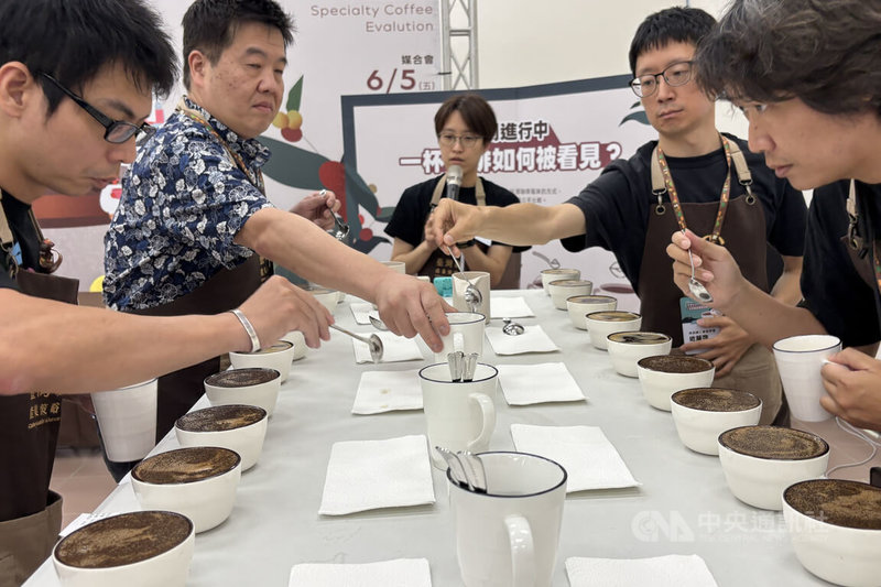 台南市政府農業局3日在東山區農會舉辦115年台南精品咖啡評鑑，今年共42件產品參賽，由專業評審團針對香氣、風味、酸質、甜感、餘韻、平衡性、乾淨度及整體表現等項目進行評比。中央社記者楊思瑞攝　115年6月3日