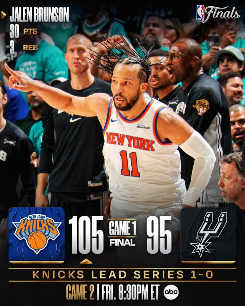 NBA紐約尼克3日在當家控衛布朗森領軍下，以105比95力克聖安東尼奧馬刺，拿下總冠軍賽首勝。（圖取自x.com/NBA）