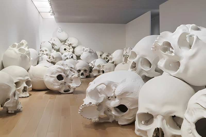 日本東京六本木森美術館舉辦的「讓．穆克」展人氣持續升溫，其中「Mass（群體）」最受關注。這個作品由100顆巨大頭骨組成，堆疊於約300平方公尺空間。每顆頭骨在牙齒缺損、裂痕與色澤上都略有不同。「Mass（群體）」創作於2016－2017年，收藏於維多利亞國立美術館（2018年費爾頓遺贈）。圖為2026年東京森美術館「讓．穆克」展覽現場照片。（吉村昌也攝影，卡地亞當代藝術基金會提供）中央社記者戴雅真東京傳真 115年6月4日