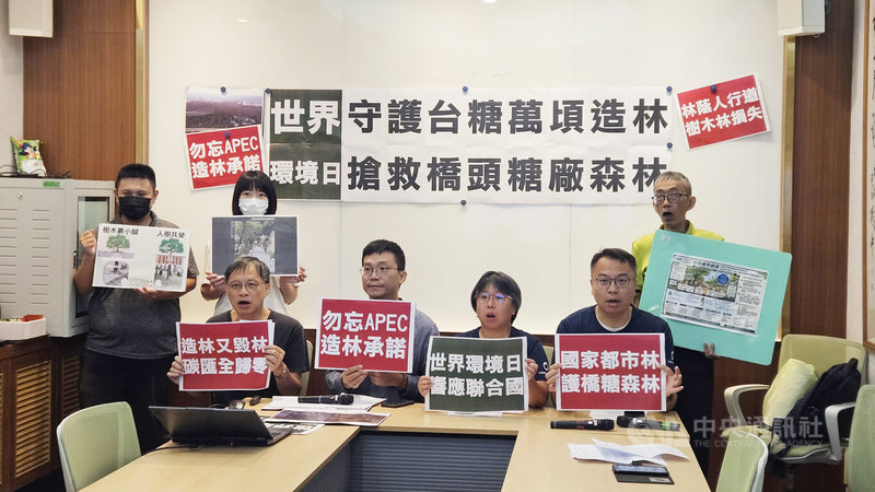 每年6月5日是世界環境日,森林城市協會、台灣樹人會、蠻野心足生態協會、桃園護樹聯盟等團體共同召開「響應世界環境日:呼籲橋頭糖廠百頃森林成為首座平地都市林園區,全台萬頃台糖平地造林續約不毀林」記者會。中央社記者曾以寧攝 115年6月5日
