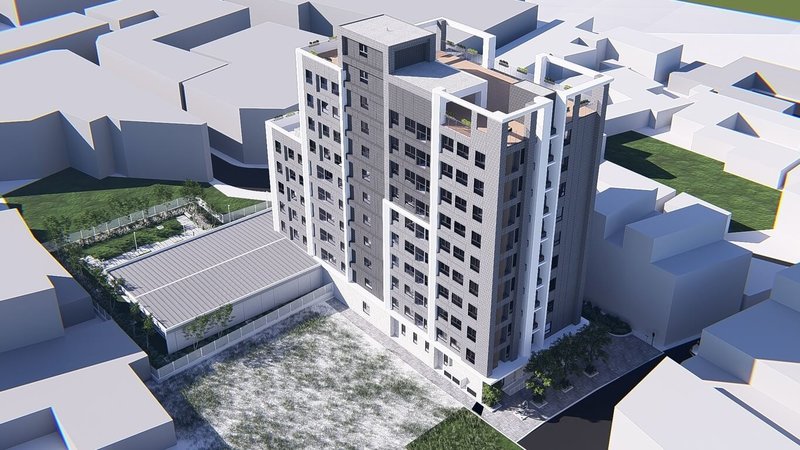 彰化縣政府規劃在溪湖鎮興建青年住宅，規劃地下1層、地上10層建築，共76戶，5日正式動土，預計民國117年完工。圖為溪湖青年住宅完工模擬圖。（彰化縣政府提供）中央社記者鄭維真傳真 115年6月5日