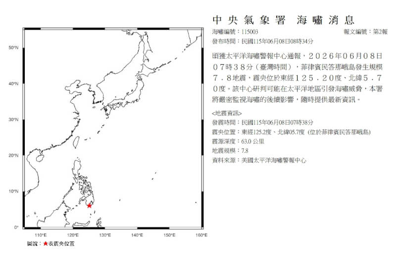 氣象署8日上午發布海嘯消息。（圖取自氣象署網頁cwa.gov.tw）