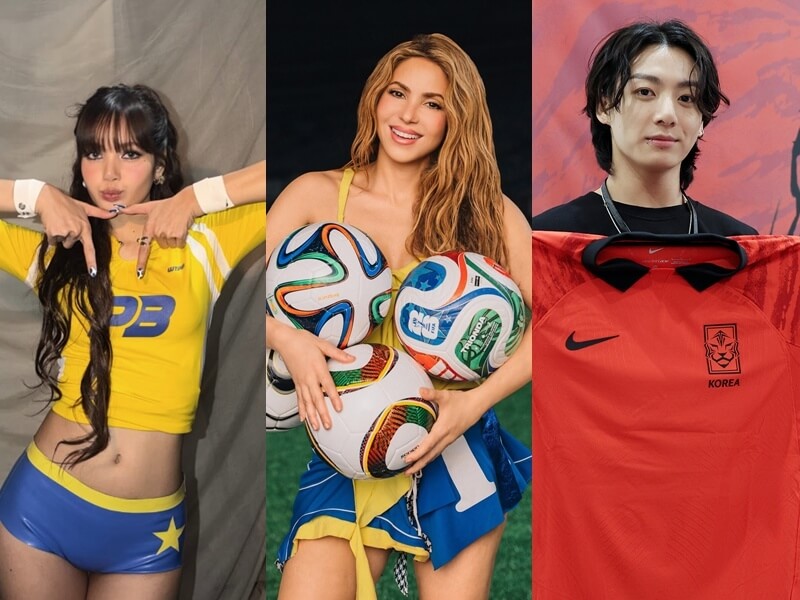 韓國女團BLACKPINK成員LISA(左)、男團BTS成員田柾國(右)與拉丁天后夏奇拉(中)都有為世界盃足球賽獻唱主題曲。(圖取自instagram.com/lalalalisa、facebook.com/shakira及x.com/theKFA)