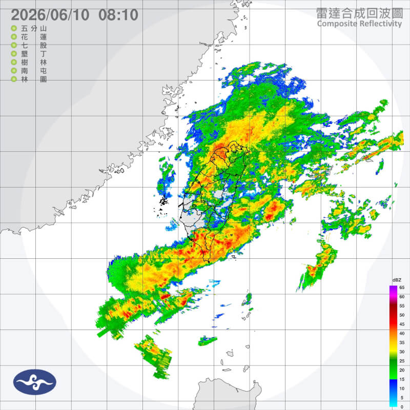 10日上午8時10分雷達合成回波圖。（圖取自氣象署網頁cwa.gov.tw）