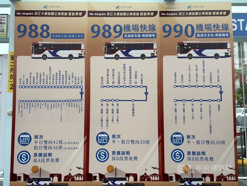 配合淡江大橋通車,新北市交通局新闢「988板橋快線」、「989機場快線」、「990機場快線」等公車路線,其中機場快線從淡水往返桃園機場,單趟只需60分鐘。中央社記者曹亞沿攝 115年6月11日