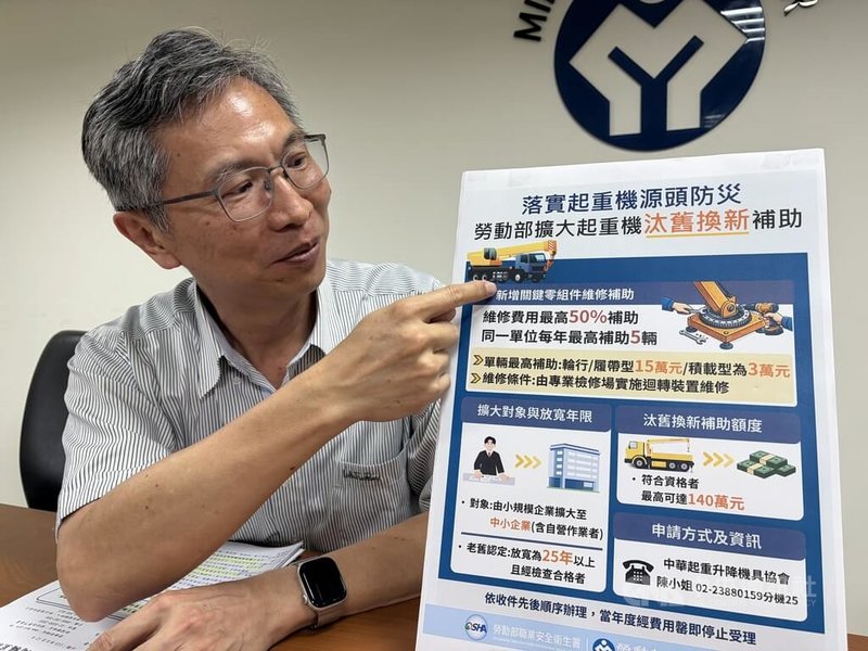 勞動部職業安全衛生署職業安全組組長陳光輝（圖）12日指出，為降低移動式起重機因結構老舊產生的安全風險，已修正相關補助要點，除擴大補助對象，也新增關鍵零組件維修補助。中央社記者吳欣紜攝 115年6月12日