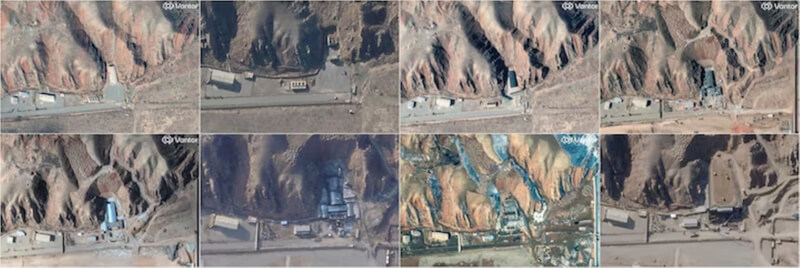 衛星影像顯示，伊朗持續修復並強化受損的軍事設施。圖為巴欽（Parchin）軍事設施在不同時期的變化。（Labs PBC and Vantor/Handout via 路透社）