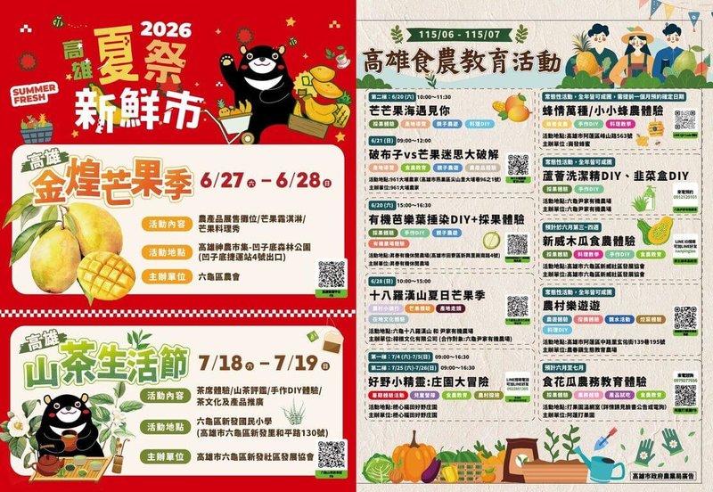 高雄市農業局6月底起將陸續推出高雄金煌芒果季、山茶生活節等活動，並串聯多場食農教育體驗，邀民眾感受高雄農村魅力。（高雄市農業局提供）中央社記者蔡孟妤傳真 115年6月17日