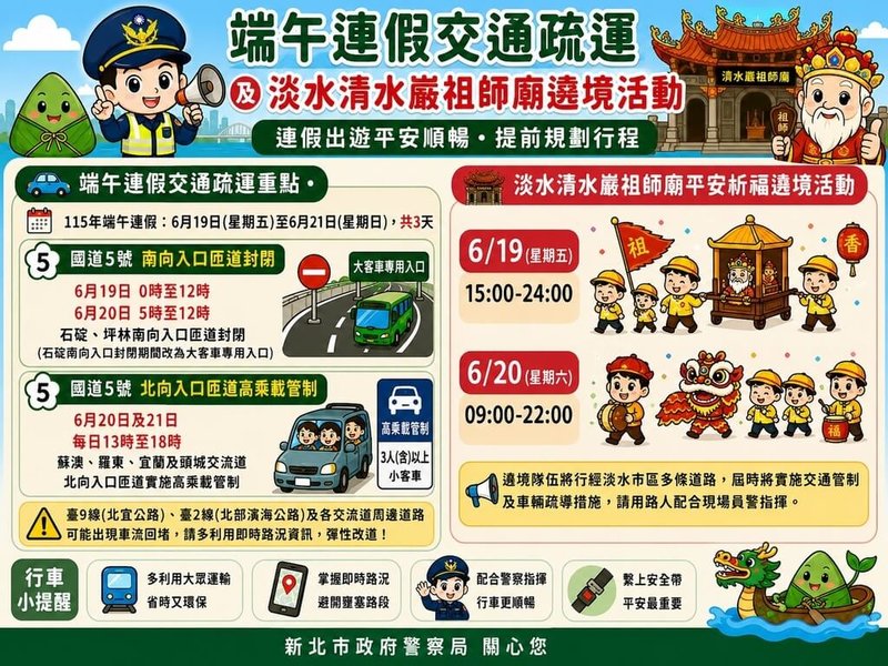 新北淡水年度宗教盛事清水祖師遶境19日起登場，適逢端午連假，預估會湧入大量人潮，淡水市區道路將實施交通管制，非住戶車輛禁入，籲請用路人配合現場員警指揮。（新北市交通警察大隊提供）中央社記者曹亞沿傳真　115年6月18日