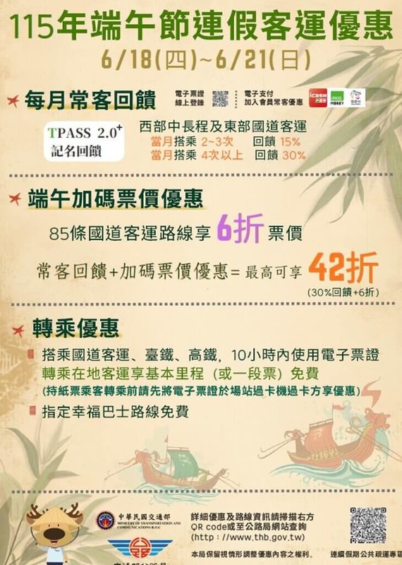 端午節連假19日開始，公路局除了推出搭乘中長途客運享6折優惠外，搭乘國道客運、台鐵及高鐵使用電子票證於10小時內轉乘在地客運、市區客運（高鐵快捷公車除外）或幸福巴士，可享1段票 （或基本里程）免費。（台東監理站提供）中央社記者盧太城台東傳真　115年6月18日