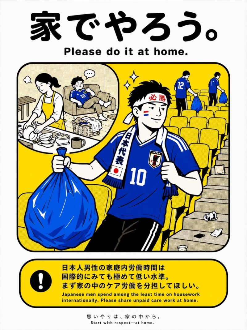 日本足球迷在世界盃賽後主動清理看臺垃圾的舉動，受到廣泛注意和讚賞；但1則日本女性回文，反稱日本男性很少在家中主動打掃。（圖取自x.com/atsukotamada）