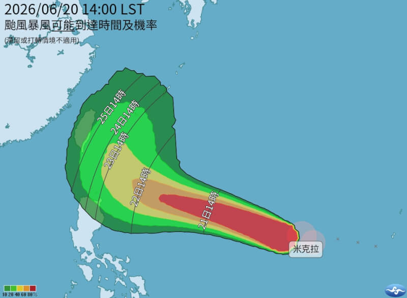 颱風米克拉20日下午2時暴風到達時間及機率。（圖取自氣象署網頁cwa.gov.tw）