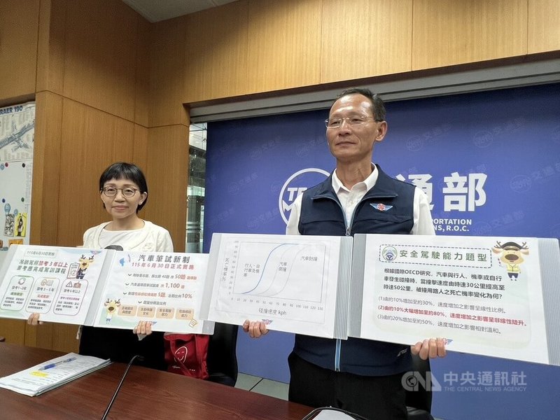 交通部公路局長林福山（右）25日宣布，自30日起，汽車考照筆試將取消是非題，全部改為選擇題，且考題將增至50題，並首度納入5題危險感知情境影片題。中央社記者黃巧雯攝　115年6月25日