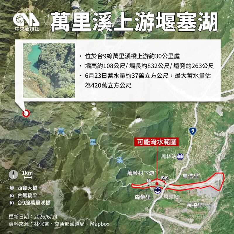林業保育署花蓮分署25日上午8時發布萬里溪堰塞湖黃色警戒。（中央社製圖）