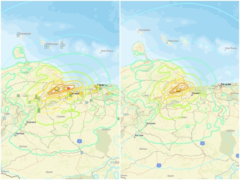 美國地質調查所（USGS）通報委內瑞拉24日晚間發生兩起地震，圖左為規模7.5主震震央位置，圖右為規模7.2前震，發生時間相距約39秒，距離差約45公里。（圖取自美國地質調查所網頁usgs.gov）