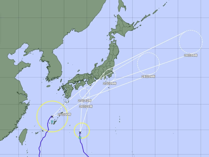 熱帶風暴「米克拉」與「無花果」雙雙逼近日本。（圖取自日本氣象廳網頁jma.go.jp）