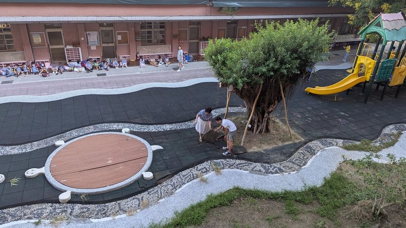 新北市深坑國小附設幼兒園校園的一棵老榕樹在颱風來襲時傾倒，後續展開一連串搶救與復育歷程，老榕樹如今已恢復生機，幼兒園師生也觀察並記錄過程、推出繪本，展現學習成果。（深坑國小附設幼兒園提供）中央社記者黃旭昇傳真　115年6月26日