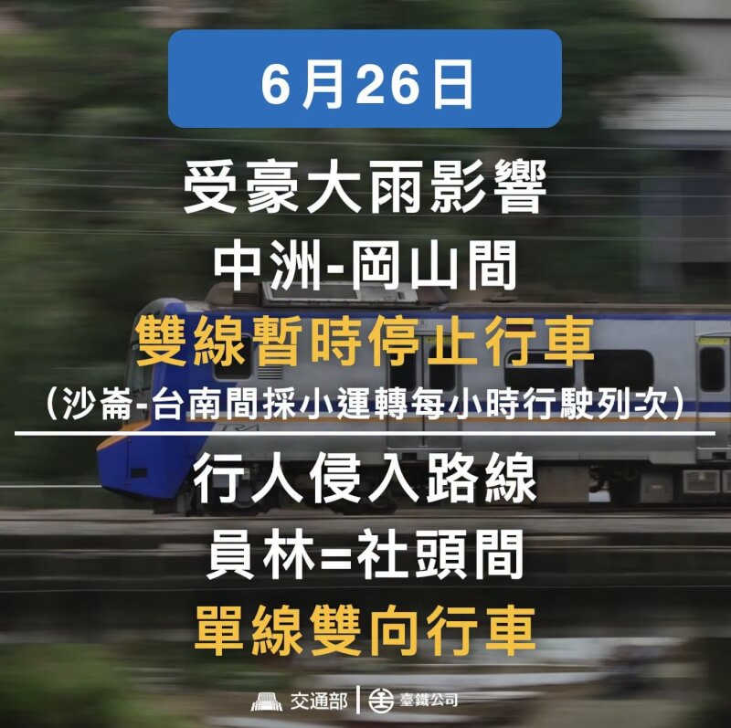 台鐵26日台南中洲站至高雄岡山站間水淹軌面，雙線暫時停止行車；員林站至社頭站間因死傷事故，暫以單線雙向行車。（圖取自facebook.com/TaiwanRailwayCorporation）