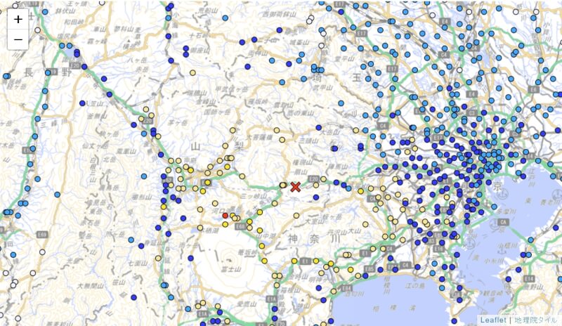 日本山梨縣東部、富士五湖地區26日晚間10時29分發生規模5.6地震。（圖取自日本氣象廳網頁data.jma.go.jp）