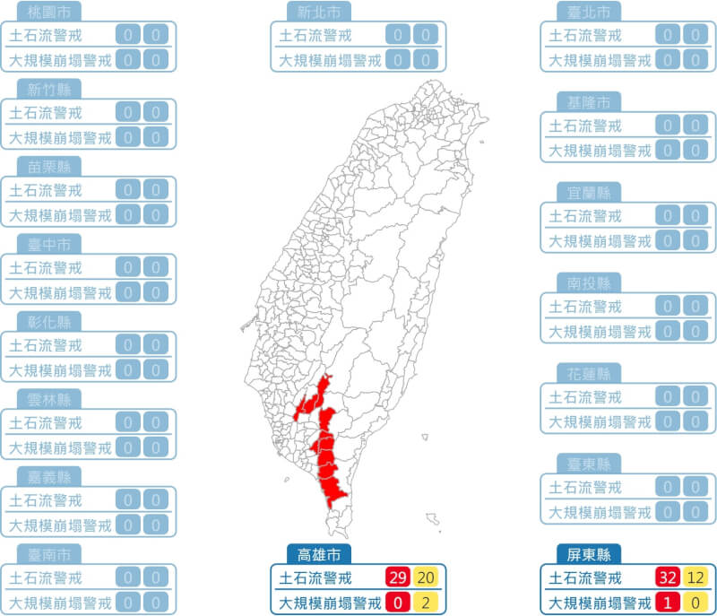 農業部農村發展及水土保持署26日發布土石流警戒。（圖取自土石流及大規模崩塌防災資訊網網頁246.ardswc.gov.tw）