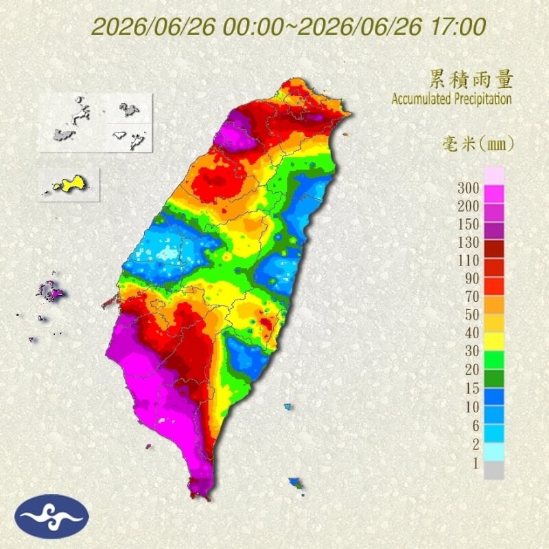 圖為26日雨量累積圖。（圖取自氣象署網頁cwa.gov.tw）