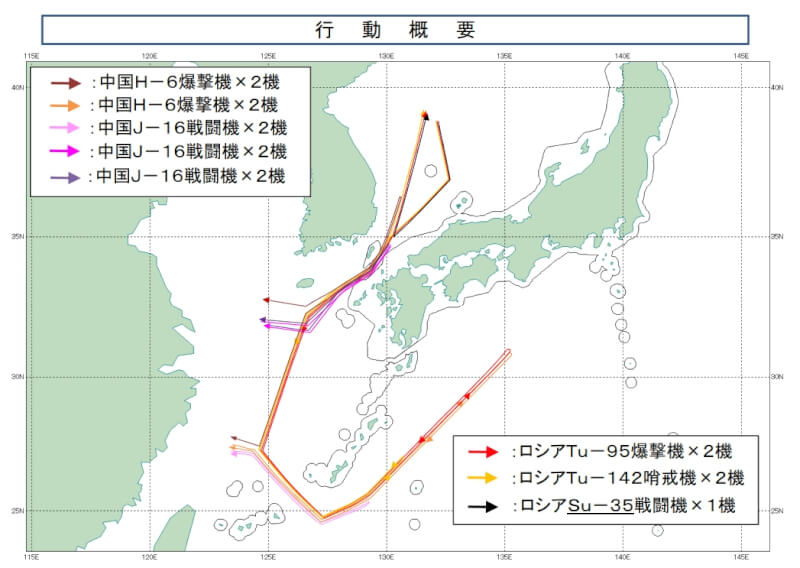 中國與俄羅斯的轟炸機27日在日本周邊共同飛行，日本防衛省統合幕僚監部公布飛行軌跡。（圖取自日本防衛省統合幕僚監部網頁mod.go.jp/js/）