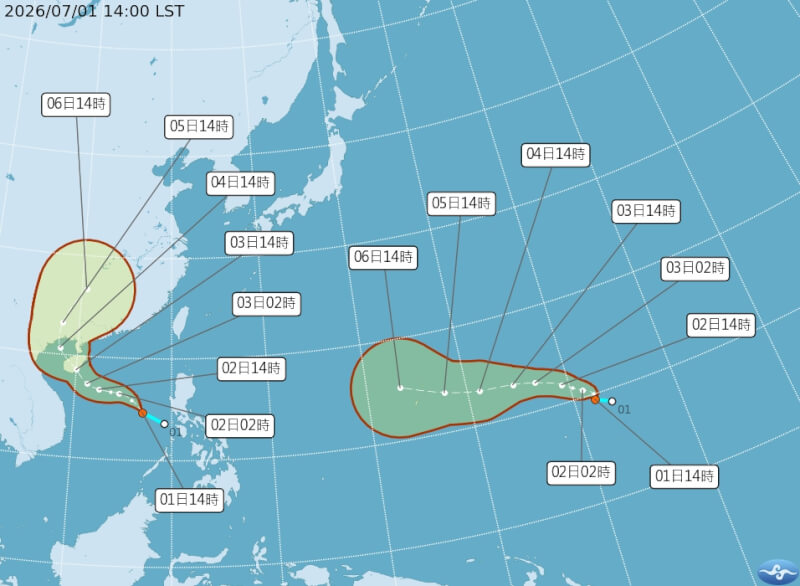 中央氣象署1日表示，目前海面上有2個熱帶性低氣壓，一個位於關島附近海面，另一則位於南海，皆有增強為颱風的趨勢。（圖取自中央氣象署網頁cwa.gov.tw）