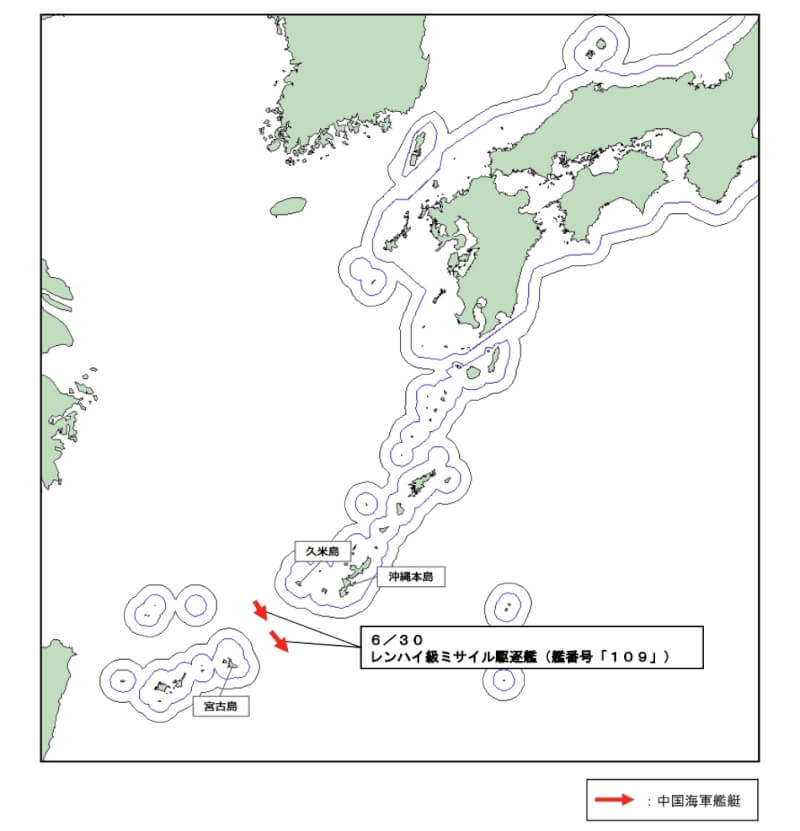 日本防衛省6月30日公布，中國海軍055驅逐艦東莞艦經宮古海峽進入西太平洋。（圖取自防衛省統合幕僚監部網頁mod.go.jp）