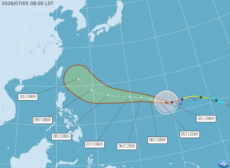 中央氣象署5日上午發布颱風巴威路徑預測圖。（圖取自氣象署網頁cwa.gov.tw）
