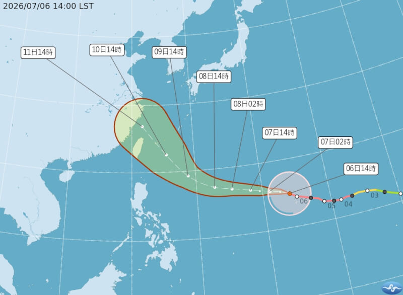 氣象署6日下午2時發布颱風巴威路徑潛勢預報。（圖取自氣象署網頁cwa.gov.tw）