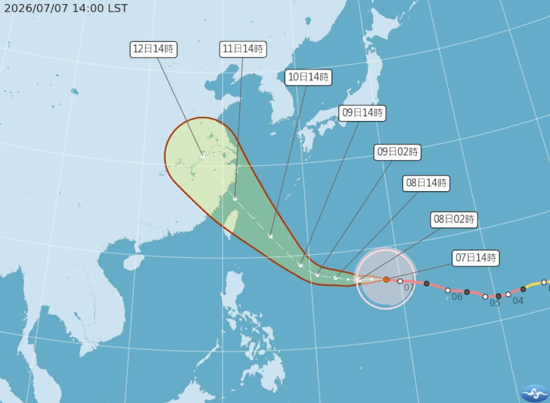 中央氣象署表示，若颱風巴威登陸，全台山區雨量皆可觀，目前各國預測以通過東北方海面機會最高。圖為路徑潛勢預測圖。（圖取自中央氣象署網頁cwa.gov.tw）