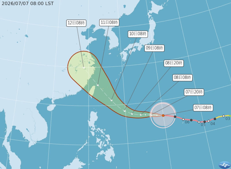 強颱巴威7日上午8時的中心位置約在鵝鑾鼻東南東方2100公里之處，以每小時29公里速度，向西進行。圖為路徑潛勢預測圖。（圖取自中央氣象署網頁cwa.gov.tw）