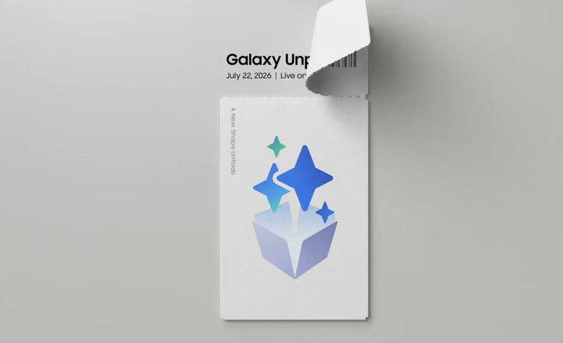 三星發出媒體邀請函，預告台灣時間22日晚間9時在倫敦舉辦發表會，邀請函上的圖示採用「撕開」標籤的設計，似乎暗示傳聞中的「寬版摺疊」新機將亮相。（三星提供）中央社記者江明晏傳真　115年7月8日