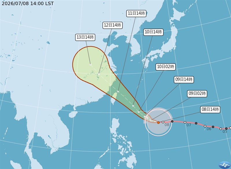 颱風巴威8日下午2時中心氣壓895百帕，中心位置約在鵝鑾鼻東南東方1380公里的海面上。（圖取自中央氣象署網頁cwa.gov.tw）