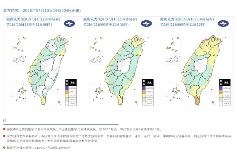 氣象署10日下午發布颱風風力預測。(圖取自氣象署網頁cwa.gov.tw)