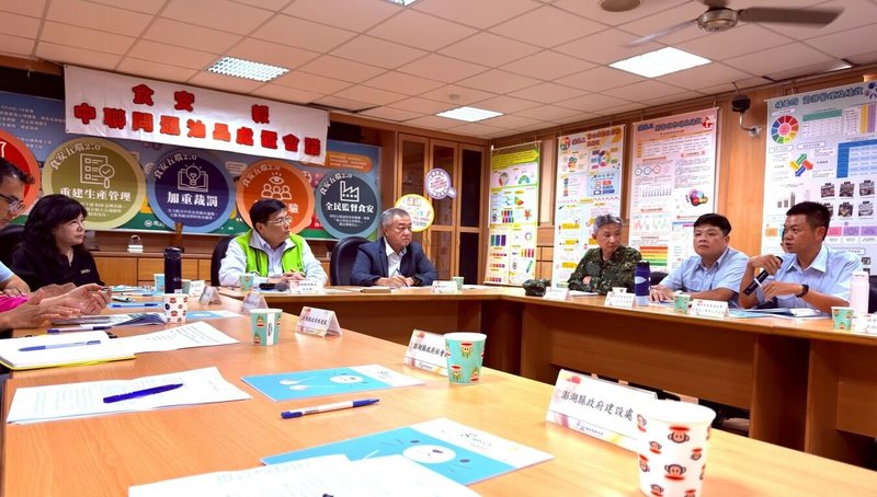 澎湖縣政府10日召開中聯問題油品處置會議，由副縣長林皆興（左3）、地檢署檢察長吳怡明（右4）主持，邀集國軍、海巡、調查站及縣府等相關局處共同檢視目前查核成果及後續防制作為。（澎湖縣政府提供）中央社　115年7月10日