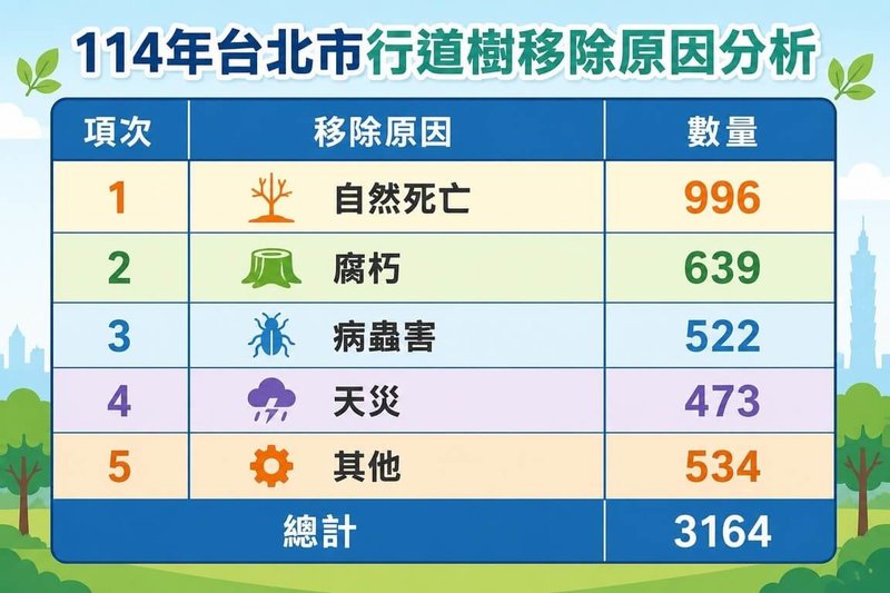 台北市政府表示,114年移植3164棵樹中,有2630棵樹、逾8成為自然死亡、腐朽、病蟲害、天災等自然因素,並強調樹木修剪與移除是基於公共安全考量。(台北市公園處提供)中央社記者楊淑閔傳真 115年7月12日