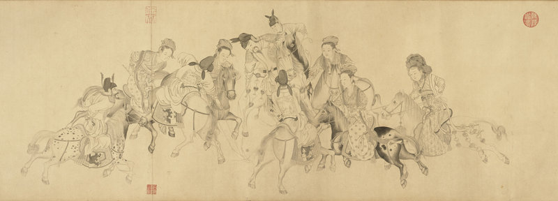 「騁技與運動－書畫中的技藝與體能活動」特展正在國立故宮博物院北院展出，以現代「運動」視角一窺書畫中記載的古代體能活動。圖為展品之一的清代丁觀鵬「畫唐明皇擊鞠圖」（局部）。（故宮提供）中央社記者王寶兒傳真　115年7月13日