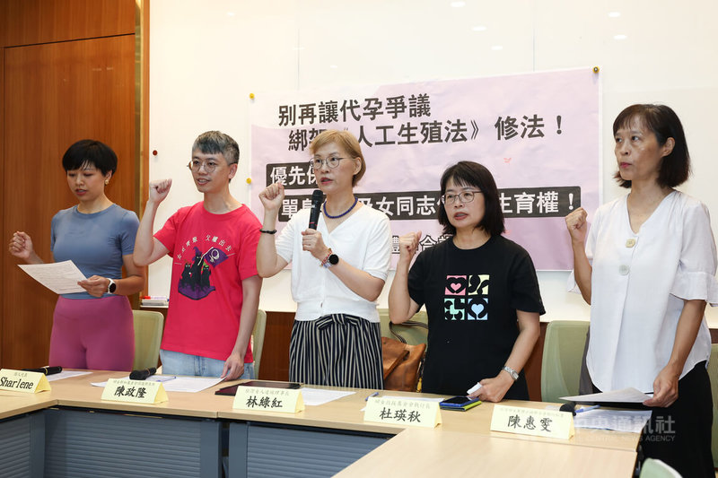 台灣女人連線理事長林綠紅(中)與多個婦女團體代表14日在立法院舉行記者會,針對立法院即將審查的「人工生殖法」修法,呼籲應優先處理單身女性及女性同婚配偶使用人工生殖技術的權利,代理孕母制度則應另案討論,避免爭議延宕修法,讓迫切需求者錯過生育機會。中央社記者王騰毅攝 115年7月14日