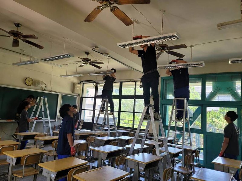 國立大湖農工攜手台積電慈善基金會，利用暑期由建教合作班師生組成公益修繕團隊，前往苗栗縣通霄、大西國中及汶水國小執行汰換老舊燈具工程，將明亮、不閃爍的LED節能燈管帶入校園，為孩童營造健康舒適的學習環境。（國立大湖農工提供）中央社記者管瑞平傳真　115年7月15日