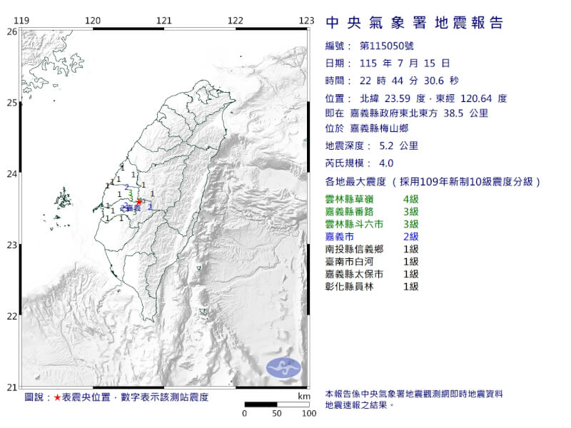 嘉義縣梅山鄉（星號處）15日晚間10時44分發生芮氏規模4地震。（圖取自中央氣象署網頁cwa.gov.tw）