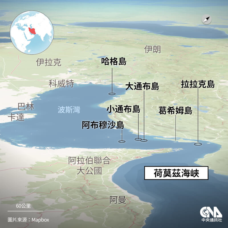 美軍中央司令部15日表示，已經對荷莫茲海峽戰略要地大通布島進行打擊，目標為伊朗的防禦設施和飛彈陣地。（中央社製圖）