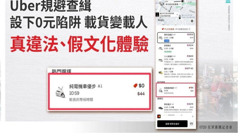 Uber自1日起推北投短程文化體驗計畫以機車載客,遭北市府開罰。民眾黨立法院黨團20日召開記者會表示,經測試發現系統仍然可看到純電機車選項。(民眾黨團提供)中央社記者曾以寧傳真 115年7月20日