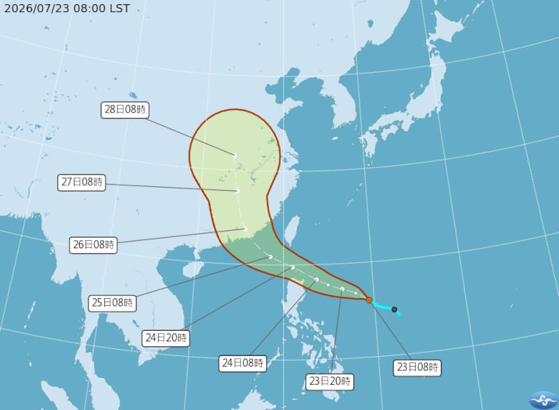 熱帶性低氣壓TD13路徑潛勢預報。（圖取自氣象署網頁cwa.gov.tw）