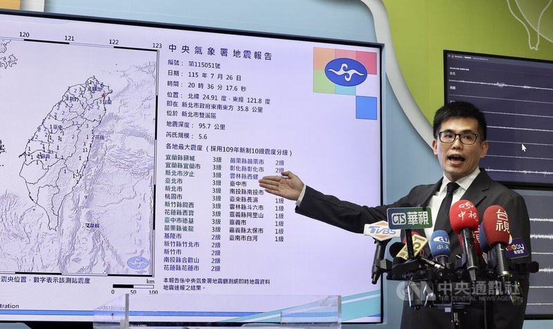 台灣26日晚間8時36分左右發生地震,隨後氣象署地震測報中心舉行記者會,由技正郭冠宏(圖)說明本次震央在新北市雙溪區的地震資訊。中央社記者張皓安攝 115年7月26日