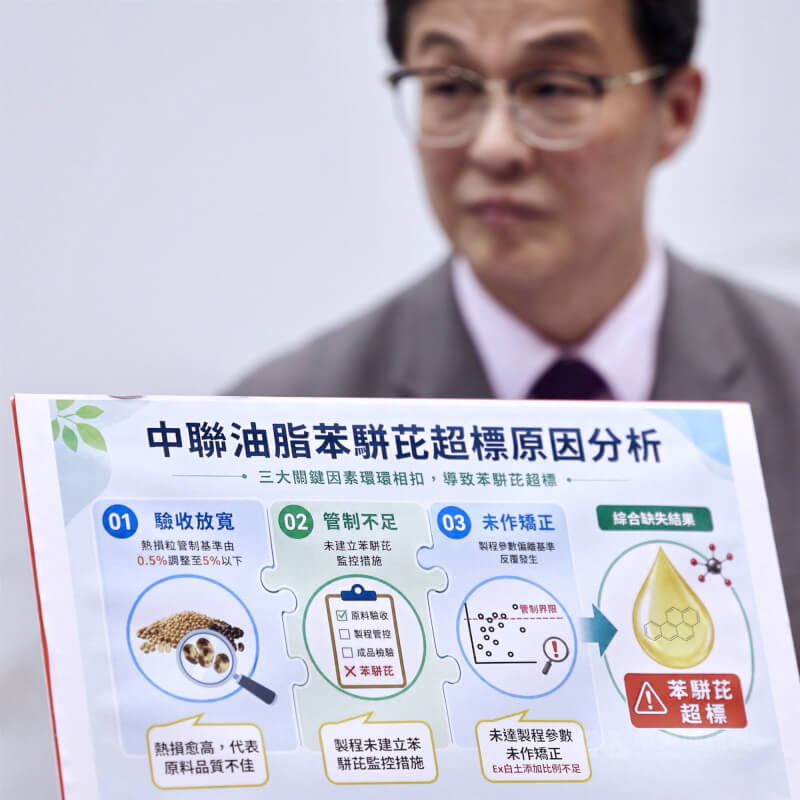 衛福部食品藥物管理署27日公布中聯油脂案第三方獨立調查結果，調查小組經認為，本案是高風險原料管理、製程管控及檢驗監測等多項管理缺失交互影響所致。圖為食藥署長姜至剛說明調查結果。中央社記者王飛華攝　115年7月27日