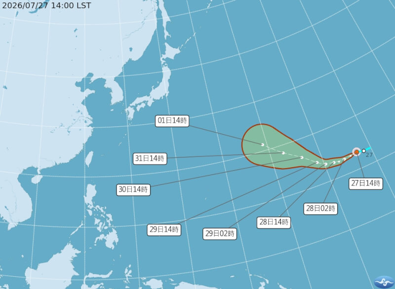中央氣象署27日下午3時30分發布颱風白海豚生成訊息。圖為颱風白海豚27日下午2時路徑潛勢預報。（圖取自中央氣象署網頁cwa.gov.tw/V8/C/）